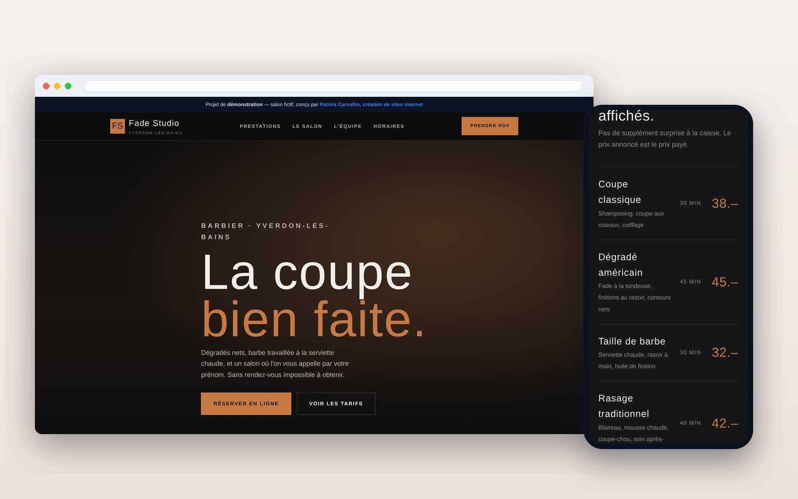 Aperçu du site de démonstration Fade Studio, barbier à Yverdon-les-Bains, sur ordinateur et sur téléphone